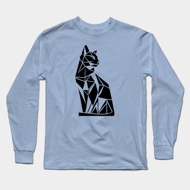 Black Geometric Cat Long Sleeve T-Shirt by Delicious Art